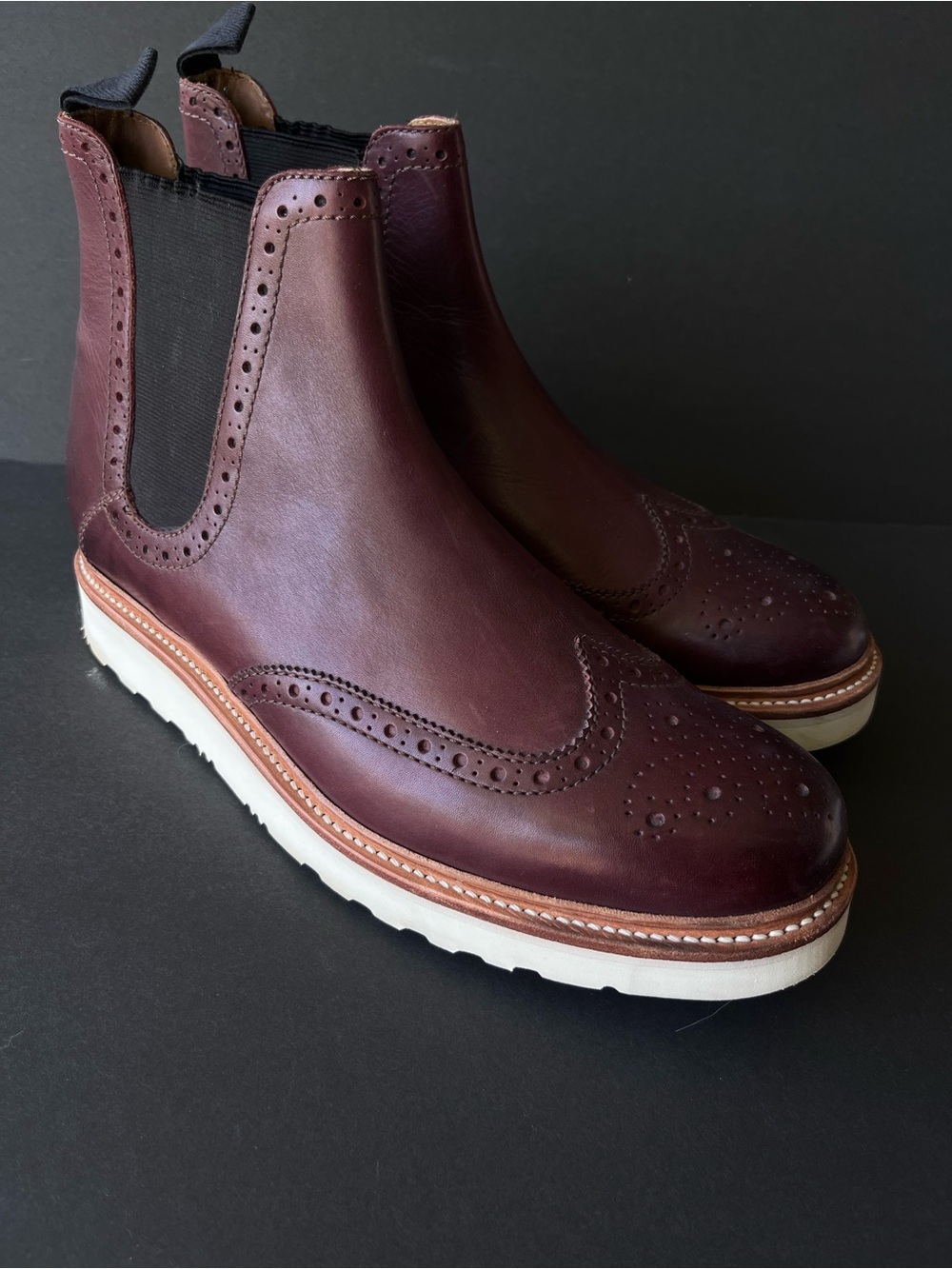 Grenson Burgundy Wingtip Chelsea Biker Leather Boots with Extra Light White Sole